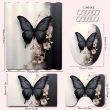 1/2/3/4pcs 3D Black & White Butterfly & Flower Theme Bathroom Shower Curtain Set, Including 12pcs Hooks, Bathroom Mat, U-Shape Toilet Lid Cover, Waterproof Shower Curtain, Fashionable Decoration For Bathroom, Modern Style Partition Curtain, No Drilling Required, Made Of Polyester, Machine Washable Home Bathroom Decor Summer