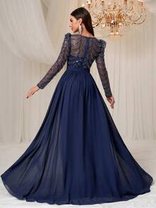 YISIKADO Elegant Chiffon Contrast Sequin Net Round Neck Puff Sleeve Prom Party Women Dresses Formal & Evenning - 藏蓝色 - 查看 2