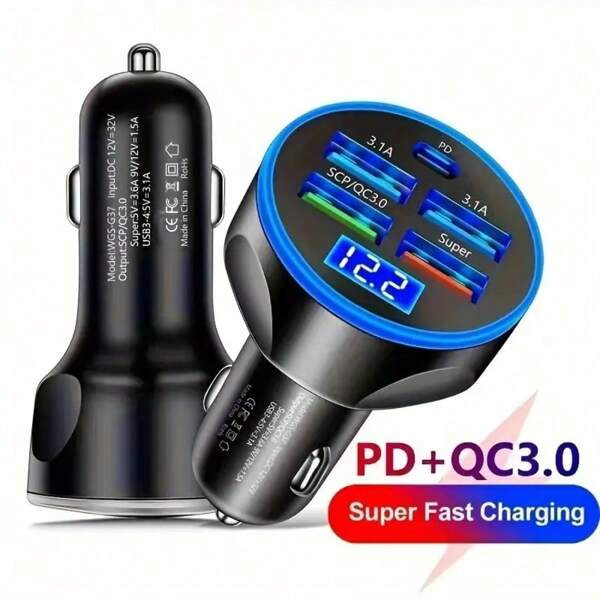 5-In-1 4USB + Type-C PD Car Charger, High Speed Super Charge Supported