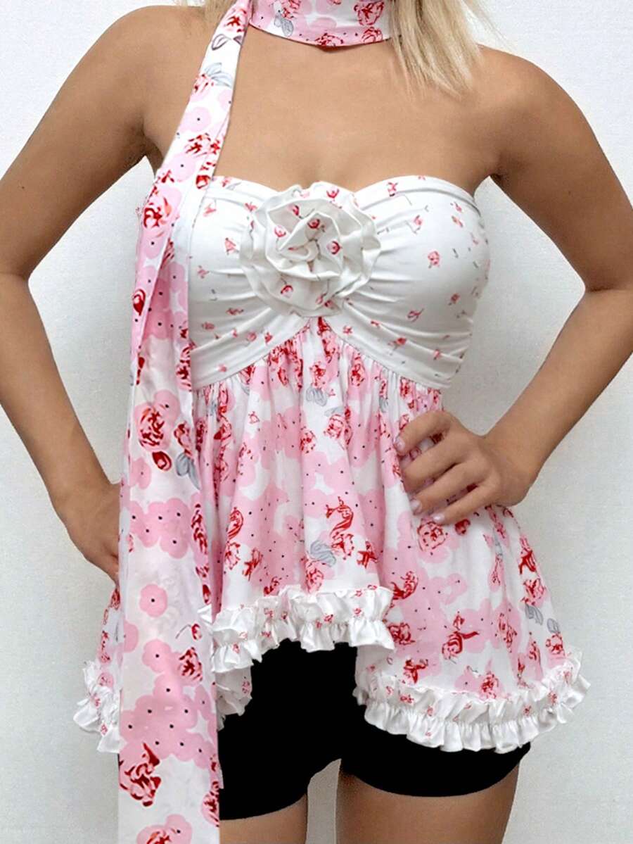 女士不对称花卉装饰无肩带上衣，配可拆卸围巾，复古Y2K街头服饰