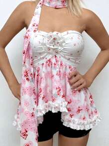 Women's Asymmetrical Floral Decor Strapless Vest With Scarf, Detachable, Vintage Y2K Streetwear