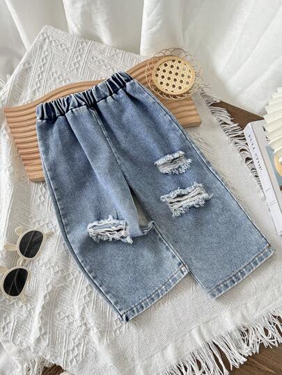 Toddler Kids Elastic Waist Ripped Denim Jeans, Suitable For Outdoor Wear