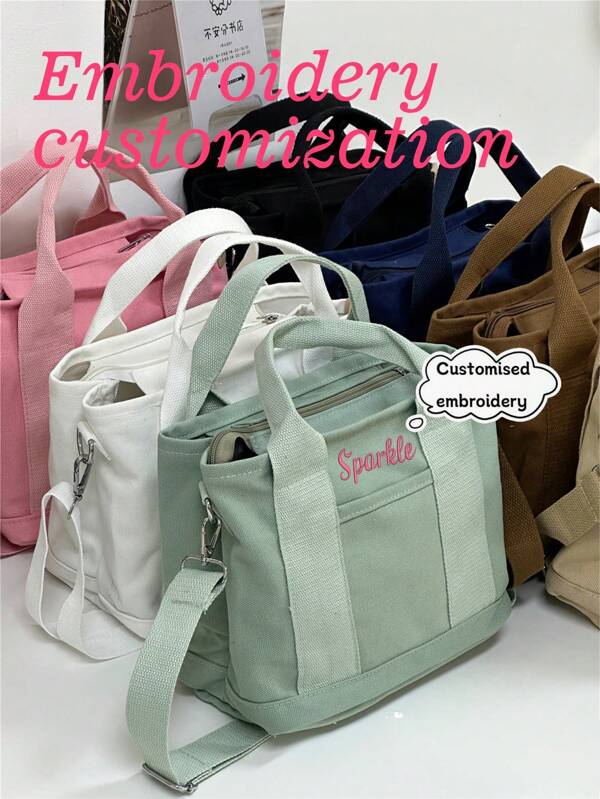 1PC Women's Personalized Ins Canvas Bag, Fashionable And Versatile Commuting Shoulder Bag For Work, Portable Multi-Pocket Storage Bag, Large-Capacity Student Book Handbag With College Style