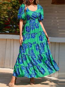 Women's Dress, Puffed-Sleeve Floral Casual Summer Dress, Pleated Back, Beach Flowing, Layered Long Sundress - Nền xanh lá cây với hoa màu xanh - Xem 6