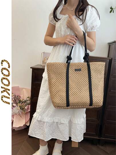 Bolsa de palha feminina elegante, bolsa de praia para férias, bolsa de compras casual, bolsa de alça superior, bolsa de ombro fashion com axila