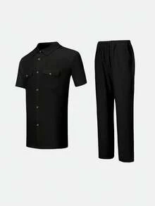 2pcs/Set, New Spring/Summer Men's Dashiki Set, Solid Color Short Sleeve Shirt With Pocket And Classic Collar, Elastic Waist Pants, African Clothing, Men's Casual Short Sleeve & Trousers 2-Piece Set, Streetwear, Gathering, Date, Wedding, Daily Wear, Cultural Events, Traditional Ceremonies