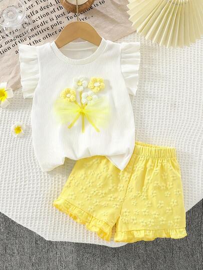 2pcs/Set Young Girls Cute 3D Flower Decor Round Neck Short Sleeve Casual Tank Top And Yellow Floral Hem Shorts Set, Summer