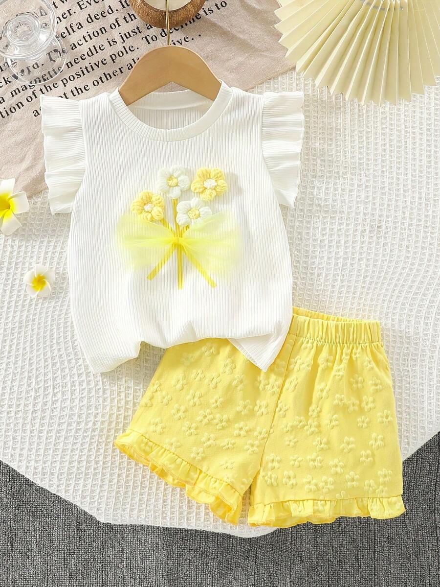2pcs/Set Young Girls Cute 3D Flower Decor Round Neck Short Sleeve Casual Tank Top And Yellow Floral Hem Shorts Set, Summer - White - View 1