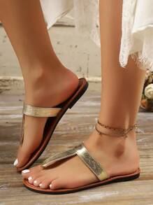 Plus Size Women Flat Sandals, Comfortable Fashion Summer Beach Thong Sandals, Gold Slip On, Versatile Beach Flip Flops