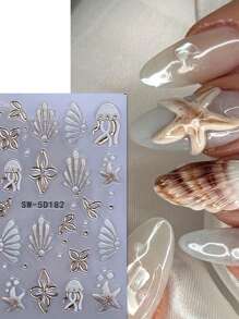 2 Pieces Of Summer Hot Stamping Jellyfish Shell Relief Nail Art Stickers - Summer Ocean Fresh And Simple Hot Stamping White Jellyfish, Shell, Starfish And Small Flower Art Design, 5D Relief Technology, Suitable For Women's Disposable Self-Adhesive Back Adhesive Nail Art Stickers, Summer Ocean Simple Theme Style, Easy To Stick Nail Decoration Stickers