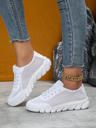 女士简约纯色网眼休闲运动鞋，透气柔软舒适低帮运动鞋，适合跑步、户外、健身和日常穿着