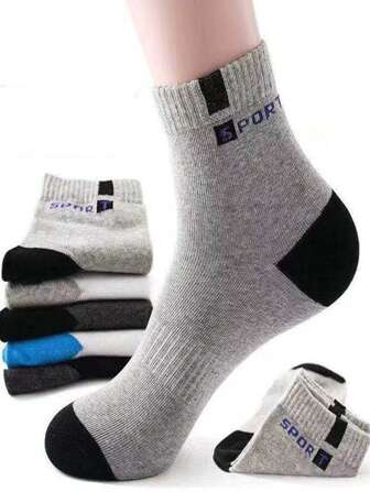 5 Pairs Men's Letter Sport Cotton Mid-Calf Socks, Sweat-Absorbing Breathable Athletic Crew Socks For Basketball, All Season