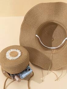 2pcs/1pc Women Khaki Wavy Sunflower Beach Sun Hat & Straw Crossbody Bag & Coin Purse Set, Suitable For Daily, Vacation, Travel - Multicolor - View 4