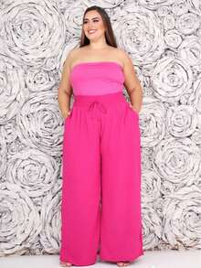 Women's PLUS SIZE Wide Leg Pants With Firm And Structured Waistband, Very Fluid, Fits Up To Size 60 - 玫紅色 - 查看 1