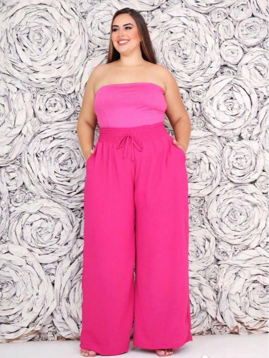 Women's PLUS SIZE Wide Leg Pants With Firm And Structured Waistband, Very Fluid, Fits Up To Size 60 - 玫紅色 - 查看 1