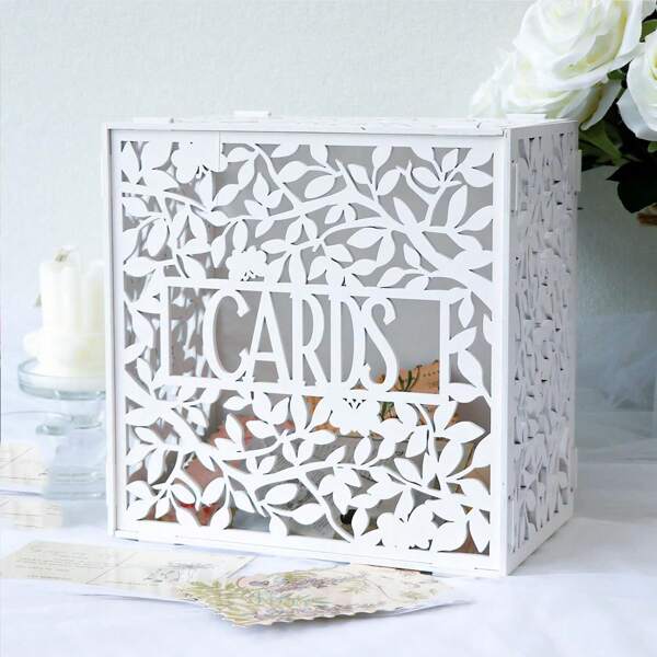 1 Pc Elegant White Wooden Wedding Card Box With Leaf And Vine Design - Perfect For Bridal Showers, Graduation Ceremonies, And Party Decorations, Including Lids For Secure Gift Storage, Bridal Shower Gifts | Elegant Card Box | Delicate Hollow Out, Wedding Decoration