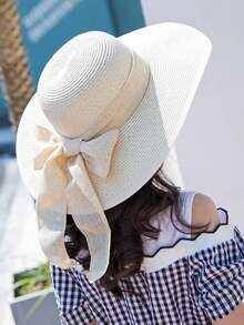 1 件女童 12-16 岁蝴蝶结丝带沙滩草帽，大遮阳帽檐夏季度假防晒遮阳宽边太阳帽，多功能