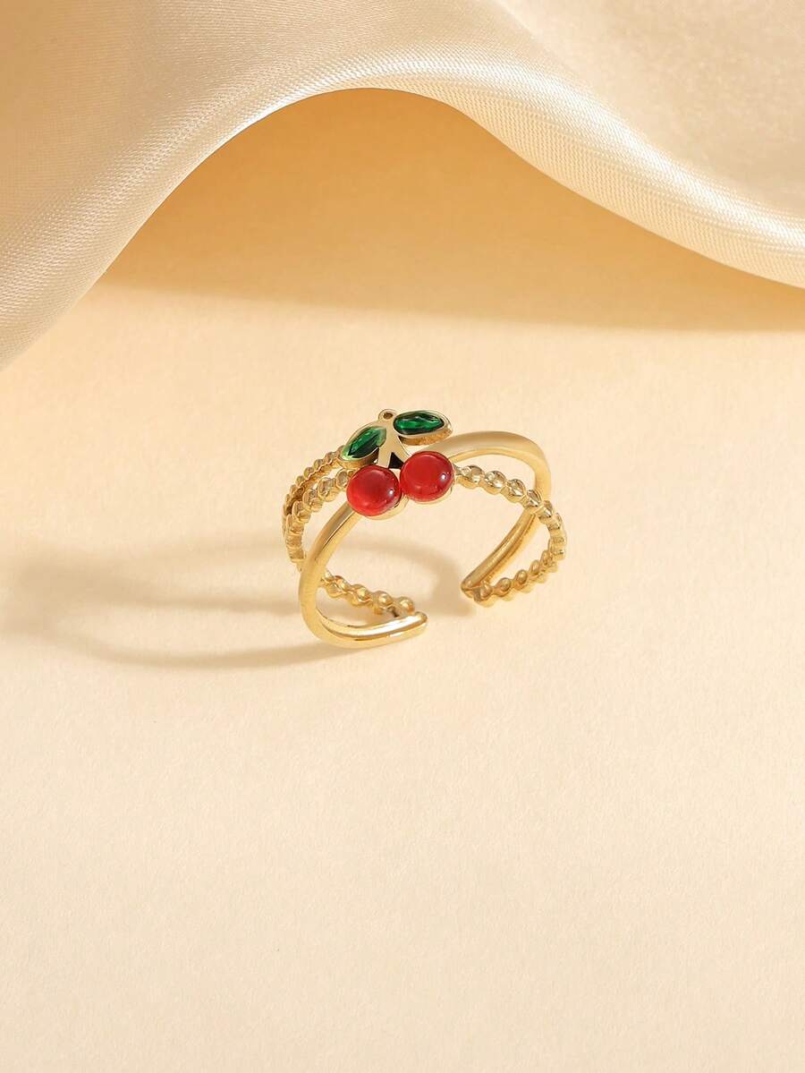 1pc Stainless Steel Fashionable & Cute Goldish Cherry Shaped Open Ring, Suitable For Women Everyday Wear Or As Gift - Yellow Gold - View 1