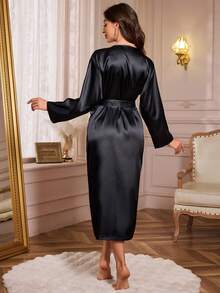 1 件女士优雅纯色柔软丝绸睡衣，宽松长袖睡袍，轻盈透气，适合家居穿着，适合春、夏、秋、冬，适合秋季