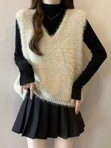 Women's Autumn/Winter Elegant Fluffy Minimalist V-Neck Pullover Vest - Apricot - View 5