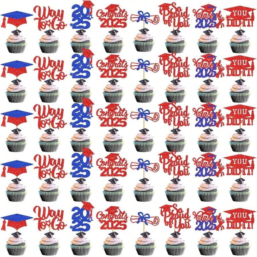 40Pcs Graduation Cupcake Toppers 2025 Graduation Decorations Class Of 2025 Cupcake Toppers 2025 Congrats Grad Cake Pick Grade Party Decorations 2025 (Blue) - Multicolor - View 1