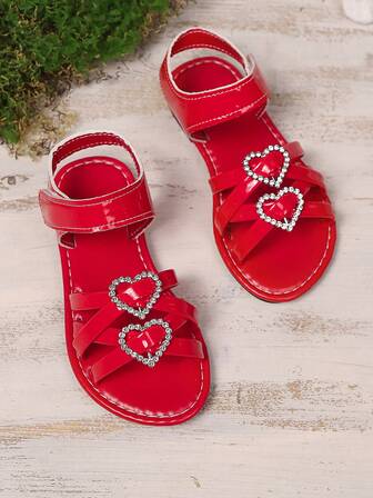 1 Pair Red European & American Fashion Children Girls Cross Strap Solid Color Hook And Loop Sandals, Lightweight Outdoor Casual Vacation, Summer New Arrival 2025