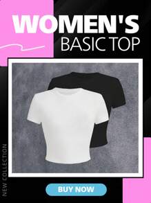 2 pezzi magliette da donna a maniche corte, collo rotondo, attillate, crop top, stile casual, per primavera ed estate, magliette da donna, top basic, crop top, top per uscire, outfit donna per primavera ed estate, maglietta a maniche corte, vestiti di primavera, top, top da donna per l'estate, outfit estivi, crop top, maglietta, top nero, top bianco