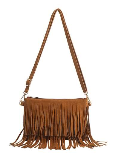 Retro Brown Fringe Crossbody Bag For Women, Bohemian Mini Square Shoulder Bag For Daily, Office, Shopping, Party, School, Holiday