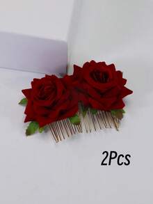 新娘发梳，仿天鹅绒玫瑰发梳头饰，双玫瑰发梳，发梳。情人节配饰 - 多色 - 查看 19