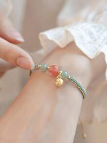 1pc Lotus Charm Braided Bracelet, Suitable For Women Daily Wear