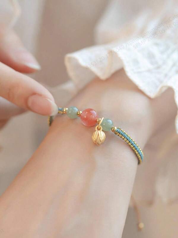 1pc Lotus Charm Braided Bracelet, Suitable For Women Daily Wear