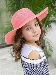 1 件女童 12-16 岁蝴蝶结丝带沙滩草帽，大遮阳帽檐夏季度假防晒遮阳宽边太阳帽，多功能