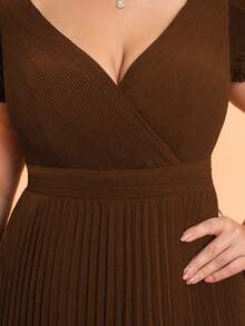 V领珍珠荷叶边雪纺高低摆晚礼服派对 - 咖啡棕 - 查看 3