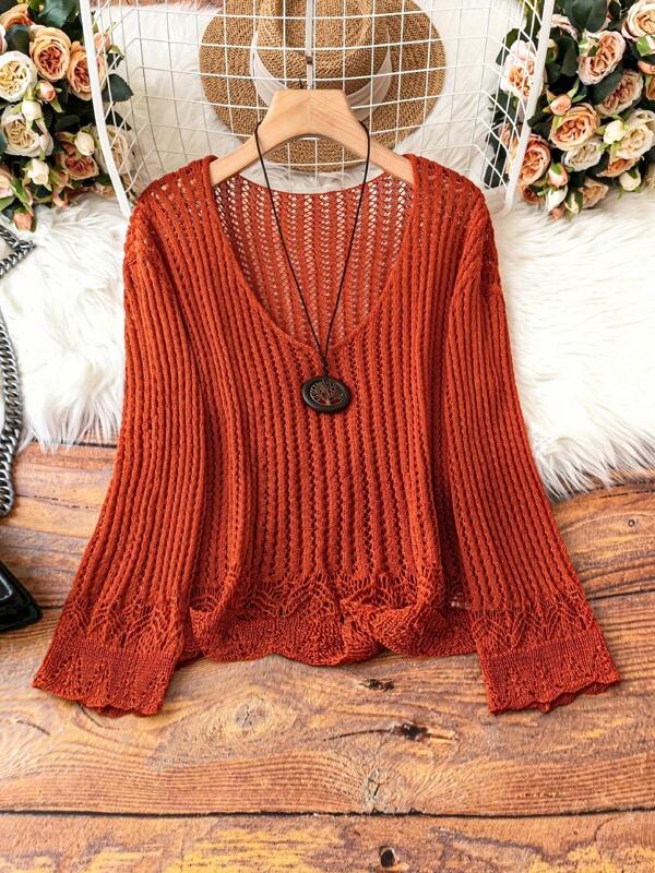Solid Color Lace Patchwork Sheer Hollow-Out Knitted Sweater