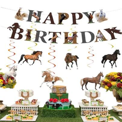 21 piezas Decoraciones de fiesta con tema de caballos, Pancarta de cumpleaños de carreras, Juego de decoración colgante en espiral