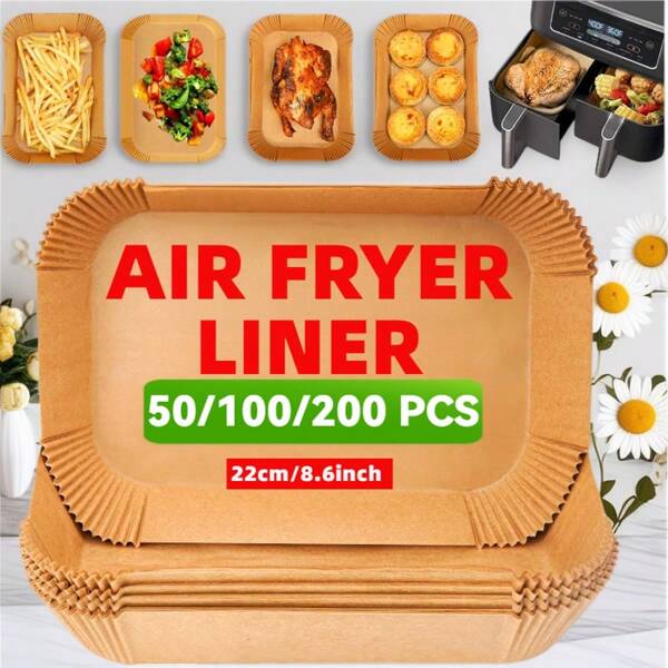 50/200Pack Pre-Cut Air Fryer Liners | 22x14cm Non-Stick Baking Paper For Dual Basket Fryers | Heat-Resistant Disposable Sheets (Rectangular) - Value Bulk Set For Easy Clean