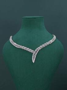 5pcs/Set White Gold Plated Dubai Royal Style Leaf Design Wedding Bridal Jewelry Set, Handset White Cubic Zirconia, Include Necklace, Bracelet, Earrings, Ring, Suitable For Daily Wedding Wear, Wedding Anniversary Gift (High-End Gift Box Packaging) Free Gift