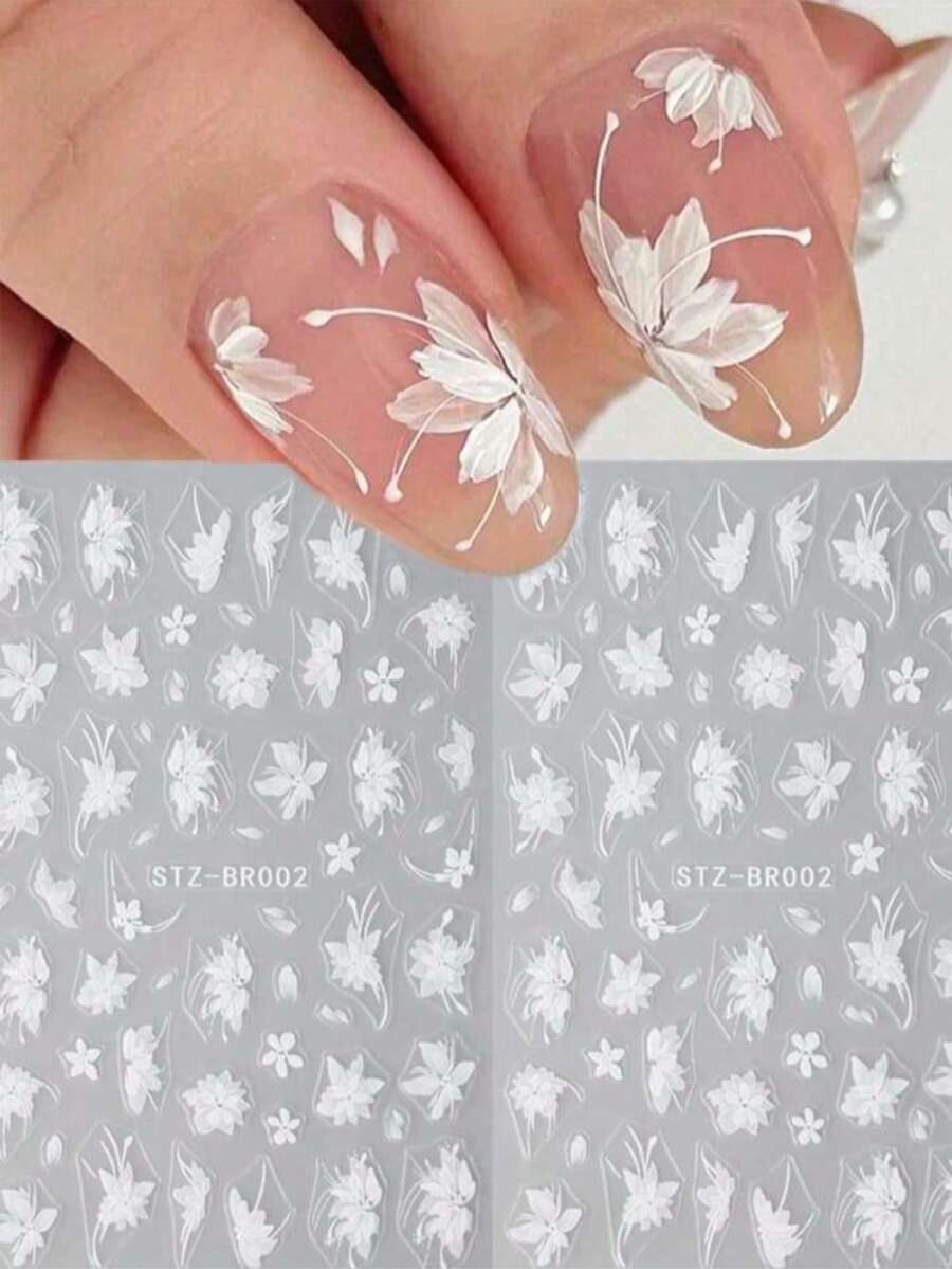2pcs Elegant White Magnolia 3D Nail Stickers - Self-Adhesive Five-Petal Flower Decals, Suitable For DIY Wedding And Party Nail Art, Glitter Effect, Single-Use - White - View 1
