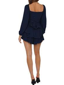 Womens Loose Shorts Jumpsuit, Solid Color Lantern Long Sleeve Square Neck Ruched Ruffled Playsuit - Navy Blue - View 6