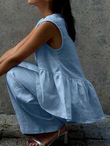 2pcs Women's Casual Elegant Linen Single-Breasted Vest And Pants Set, Suitable For Dates, Daily Wear, Parties, New Year, Street Style