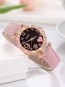 A Quartz Watch+Heart-Shaped Jewelry Set - Black - View 7