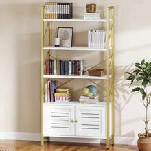 Bibliothèque avec armoire de rangement, étagère à livres à 5 niveaux avec portes pour la chambre à coucher, le salon et le bureau, blanc et or - Blanc - Voir 1