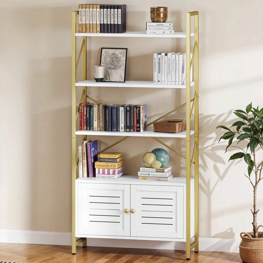 Bibliothèque avec armoire de rangement, étagère à livres à 5 niveaux avec portes pour la chambre à coucher, le salon et le bureau, blanc et or - Blanc - Voir 1