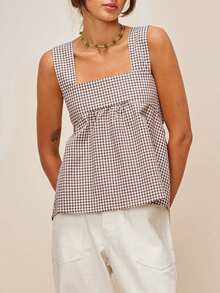 Women Y2k Going Out Tank Tops Gingham Square Neck Peplum Cami Tank Sleeveless Backless Bowtie Ruffle Peplum Babydoll Camisole Summer Going Out Cami Blouse - 棕色 - 查看 1