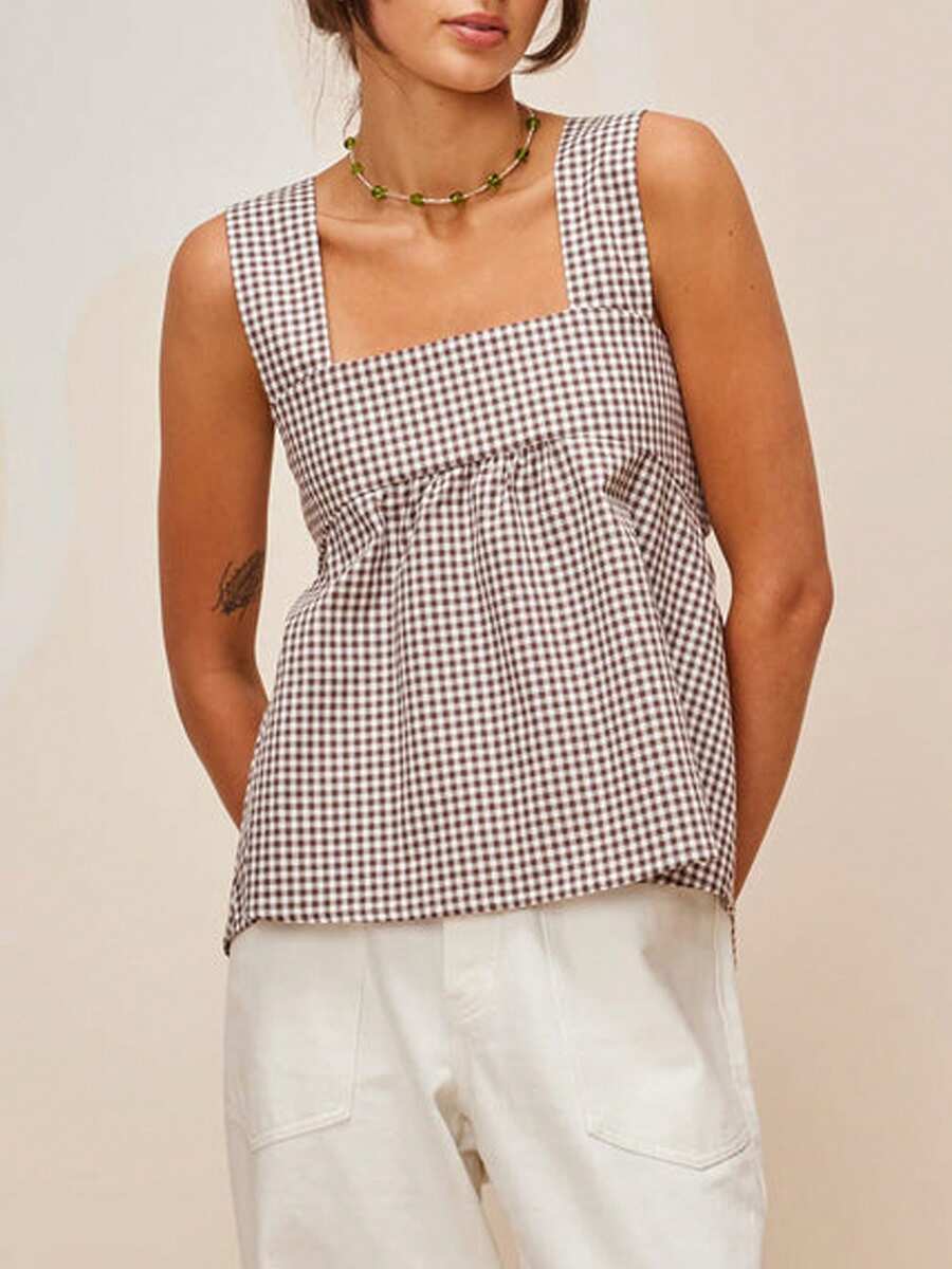 Women Y2k Going Out Tank Tops Gingham Square Neck Peplum Cami Tank Sleeveless Backless Bowtie Ruffle Peplum Babydoll Camisole Summer Going Out Cami Blouse - 棕色 - 查看 1