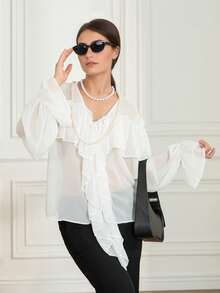 Women's Long Sleeved Shirt, Solid Color Pleated V-Neck Chiffon Shirt, Spring Loose Casual Top Street Wear, Suitable For Outdoor Travel, New Year's, Christmas, Valentine's Day Gifts, Classic Elegance,  , Autumn And Winter Clothing - Ivory - View 7