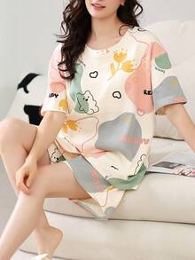 New Summer Short Sleeve Round Neck Top & Shorts Casual Loose Pajama Set, Women Floral - Patchwork - Bear Print Pattern Apricot Homewear, Comfortable Sleepwear 2 Pieces Set, Casual Loungewear | Cute Pajama Set | Easy Care Fabric