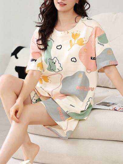 New Summer Short Sleeve Round Neck Top & Shorts Casual Loose Pajama Set, Women Floral - Patchwork - Bear Print Pattern Apricot Homewear, Comfortable Sleepwear 2 Pieces Set, Casual Loungewear | Cute Pajama Set | Easy Care Fabric
