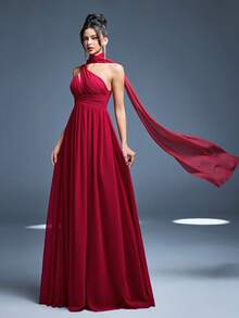 Mgiacy、新品、单肩、围巾飘带、优雅、伴娘服、荷叶边、雪纺、长裙、适合、婚礼宾客礼服女士 - 玫紅 - 查看 5