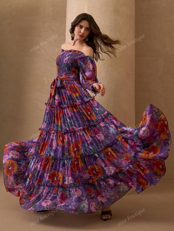 Elegant Romantic Off Shoulder Long Sleeve Women's Multilayer Hem Resort Style Dress